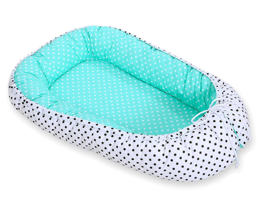 Baby nest double-sided Premium Cocoon for infants BOBONO - black dots white dots on mint