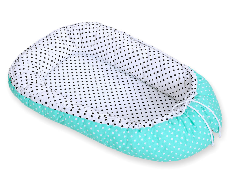 Baby nest double-sided Premium Cocoon for infants BOBONO - black dots white dots on mint