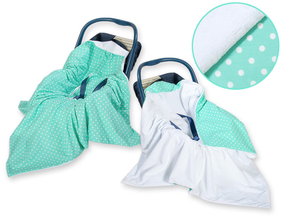 Big double-sided car seat blanket for babies - White dots on mint