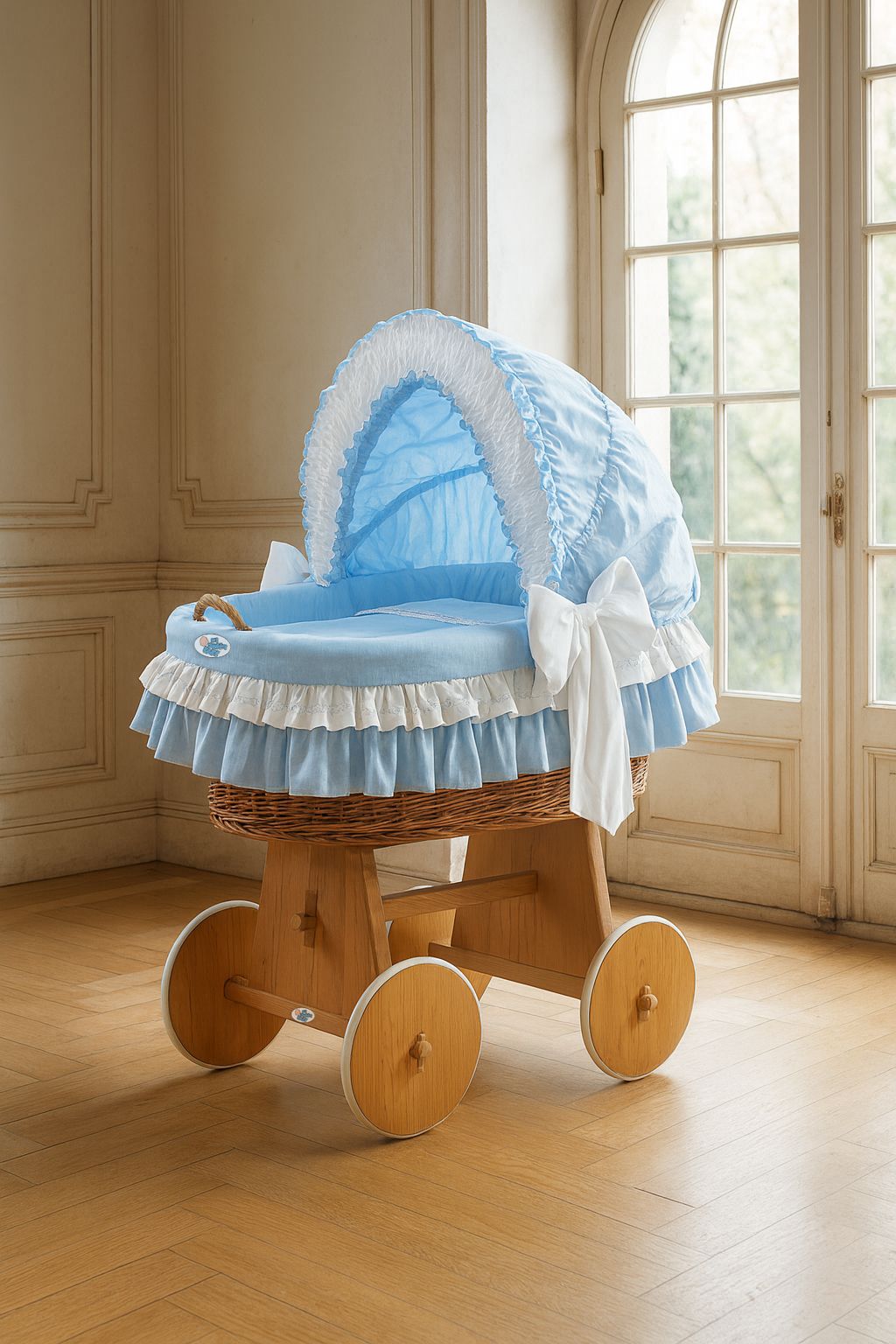 Moses Basket Wicker hood crib Bellamy - natural + blue bedding