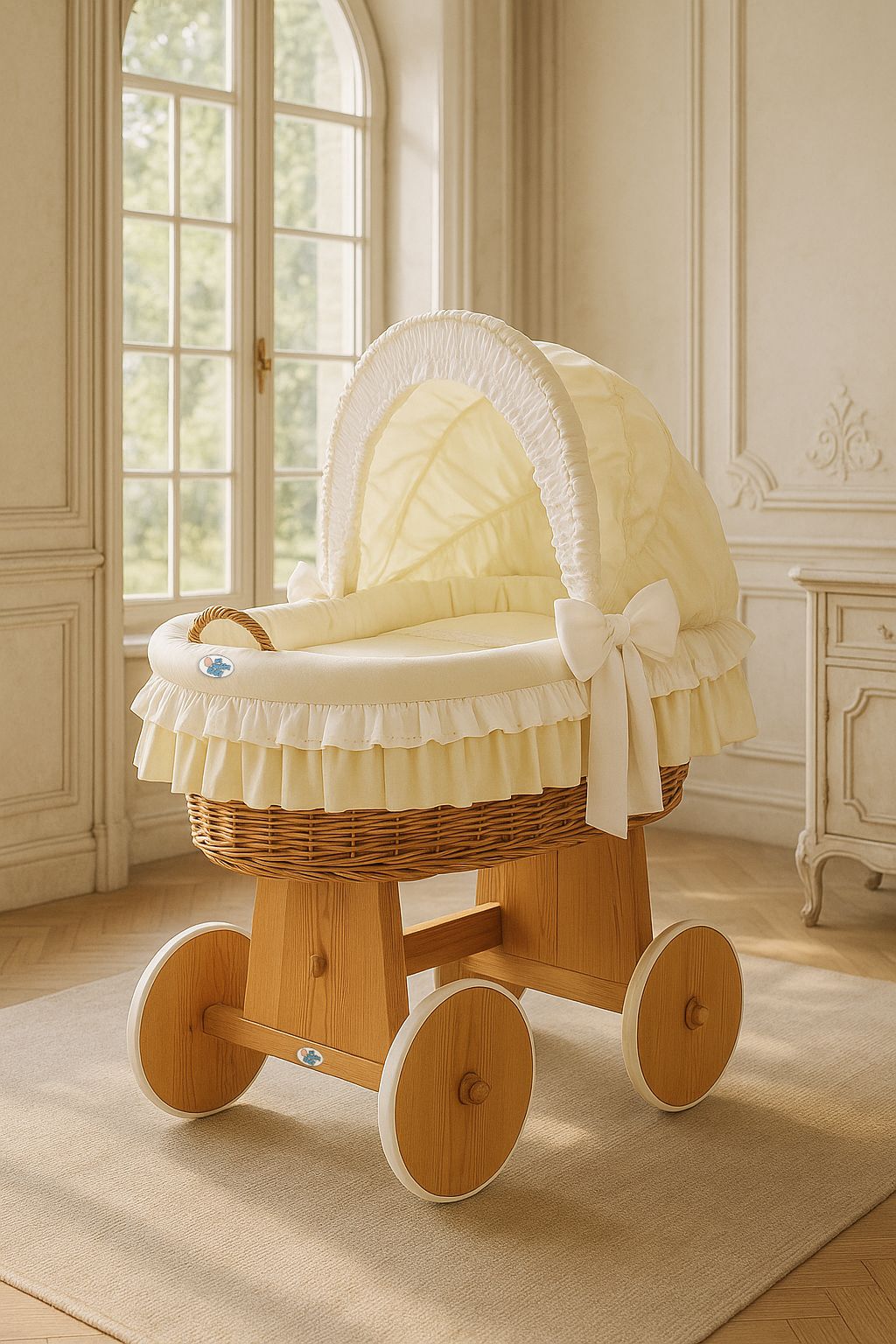 Moses Basket Wicker hood crib Bellamy - natural + cream bedding