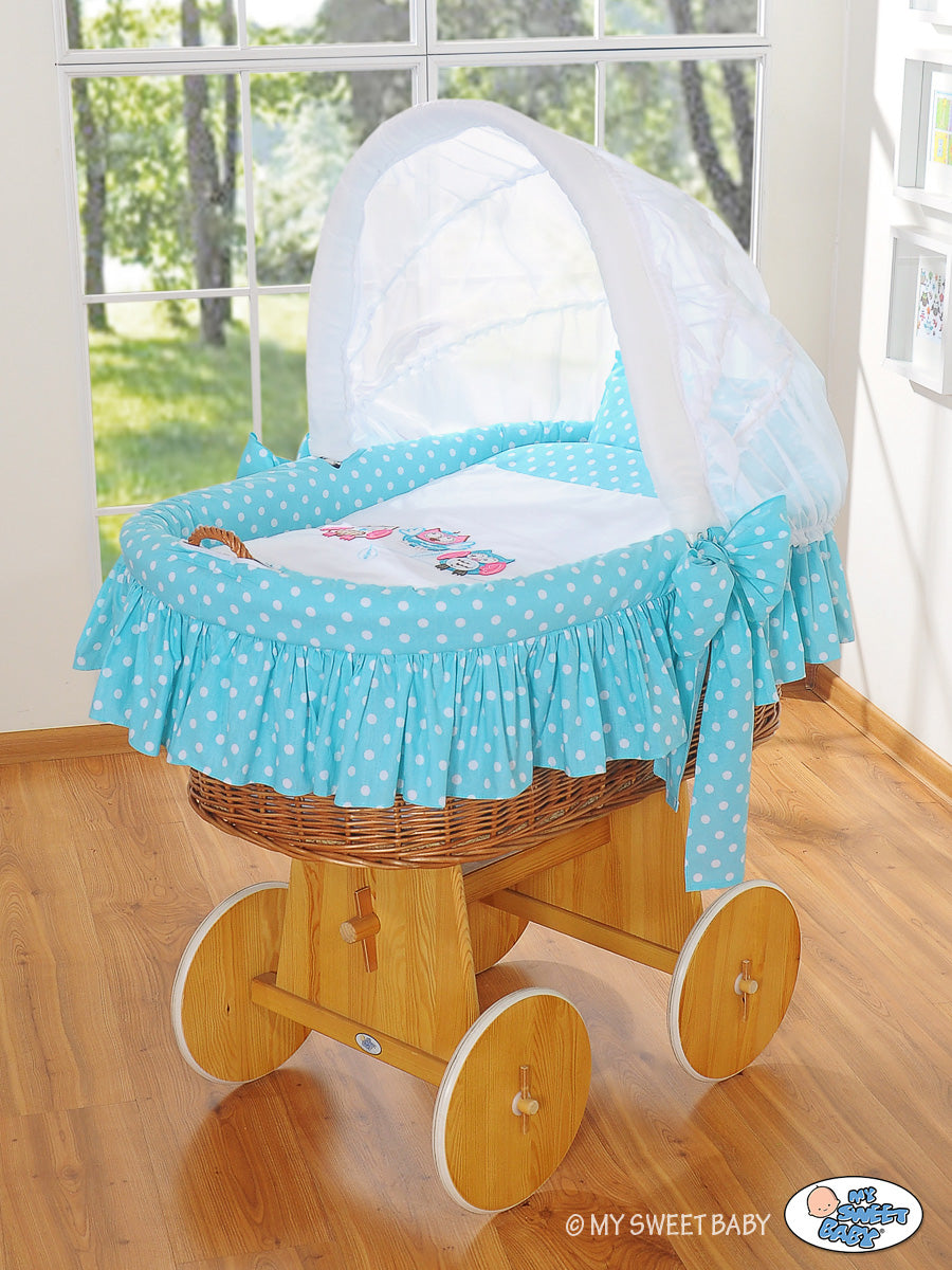 Moses Basket/Wicker hood crib- Owls turquoise
