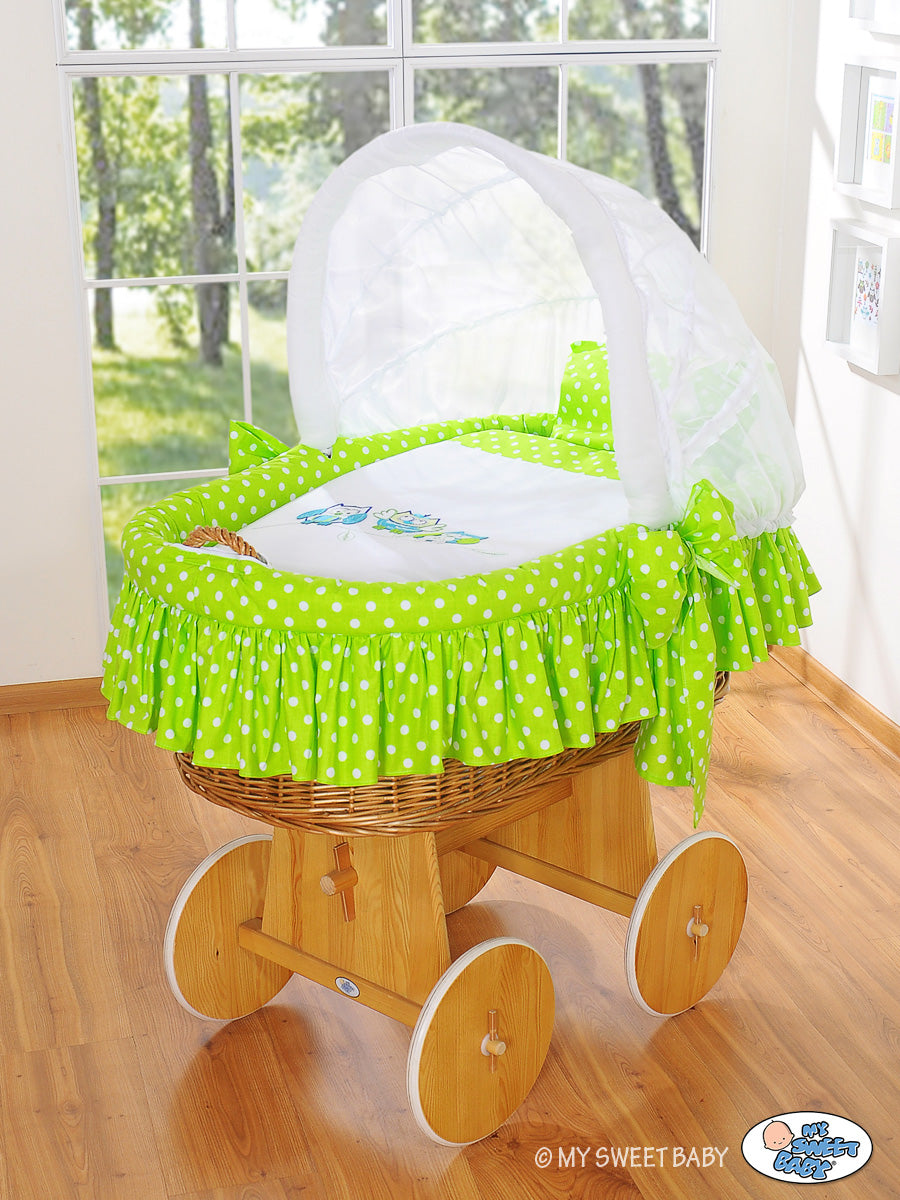 Moses Basket/Wicker hood crib- Owls green