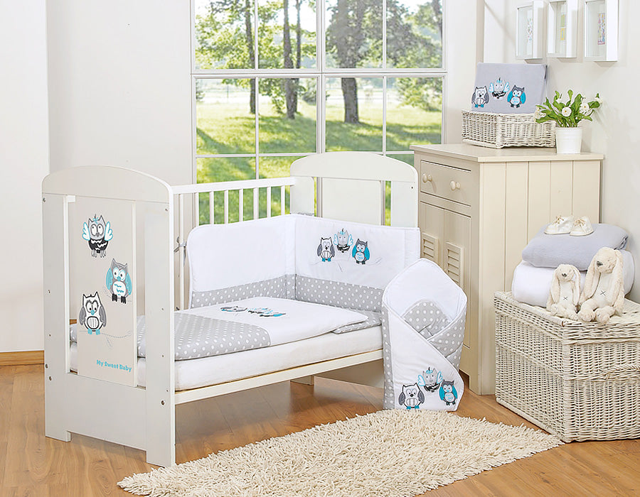 Baby bedding set 135x100 cm with bumper 3-pcs Grey Owls with grey and turquoise embroidery