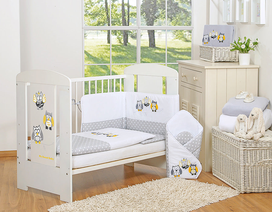 Baby bedding set 120x90 cm with bumper 3-pcs Grey owls with grey and yellow embroidery