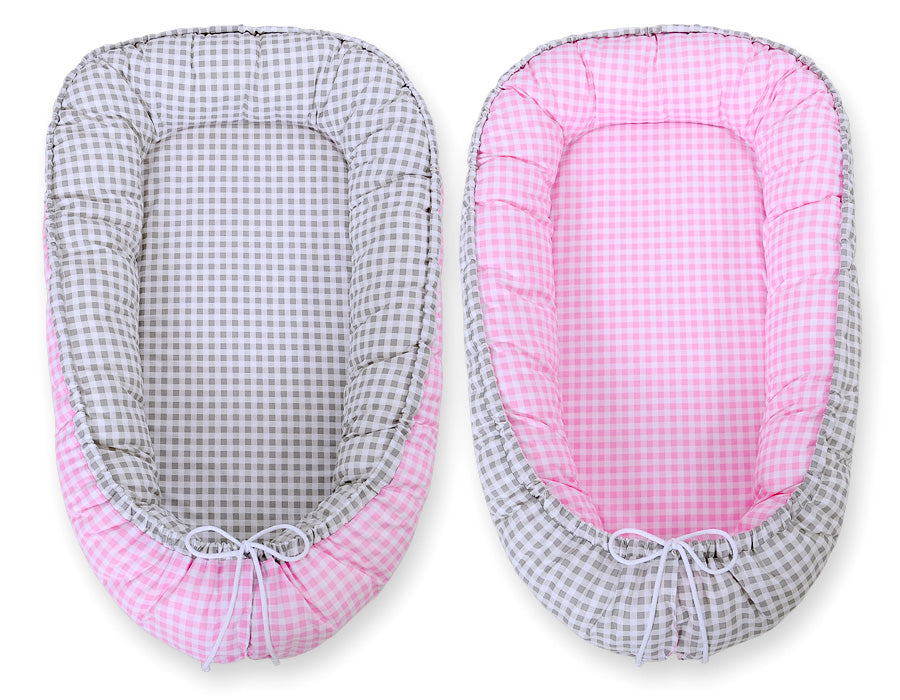 Baby nest double-sided Premium Cocoon for infants BOBONO- grey checkered/ pink checkered