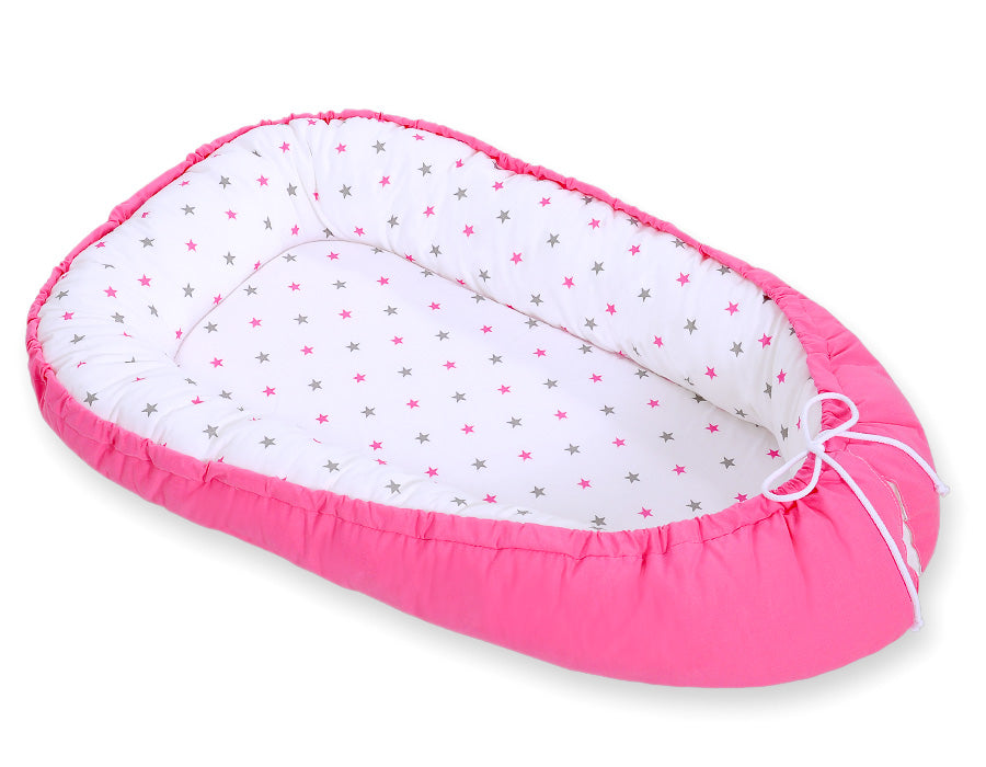 Baby nest double-sided Premium Cocoon for infants BOBONO- stars grey-pink/ pink