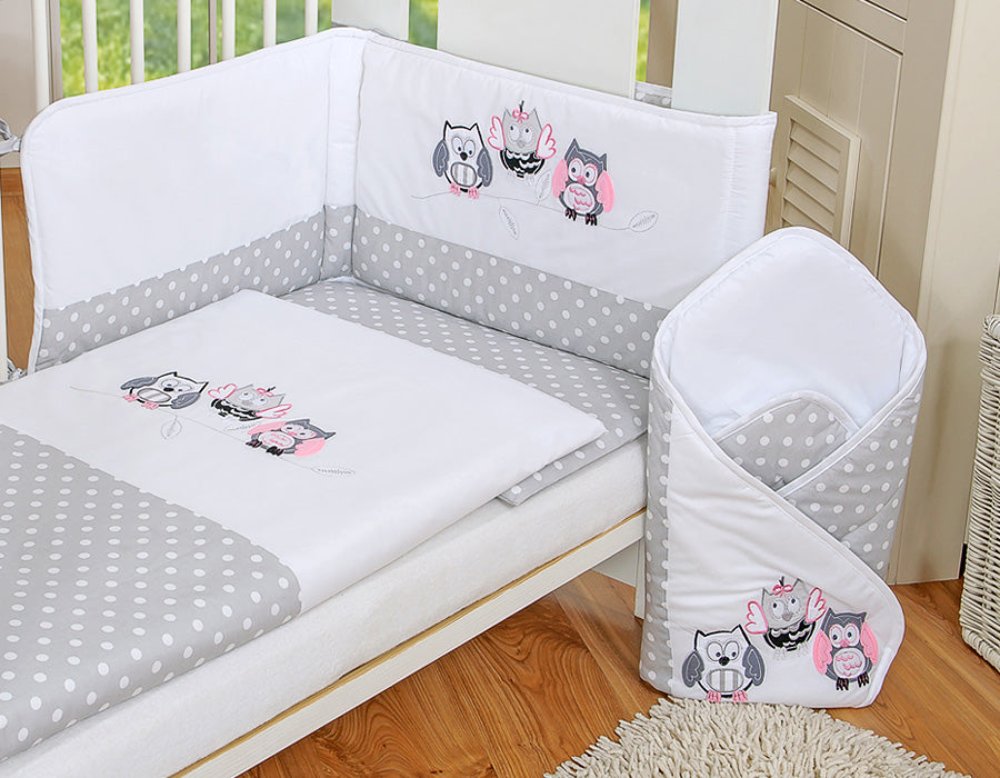 Baby bedding set 120x90 cm with bumper 3-pcs Grey Owls with grey and pink embroidery