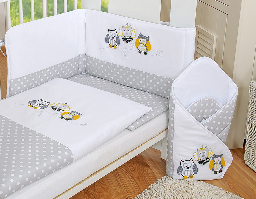 Baby bedding set 135x100 cm with bumper 3-pcs Grey owls with grey and yellow embroidery