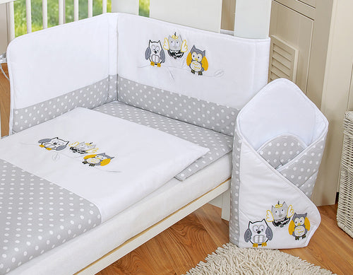 Baby bedding set 135x100 cm with bumper 3-pcs Grey owls with grey and yellow embroidery