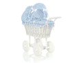 Wicker dolls' pram with blue bedding and padding - white