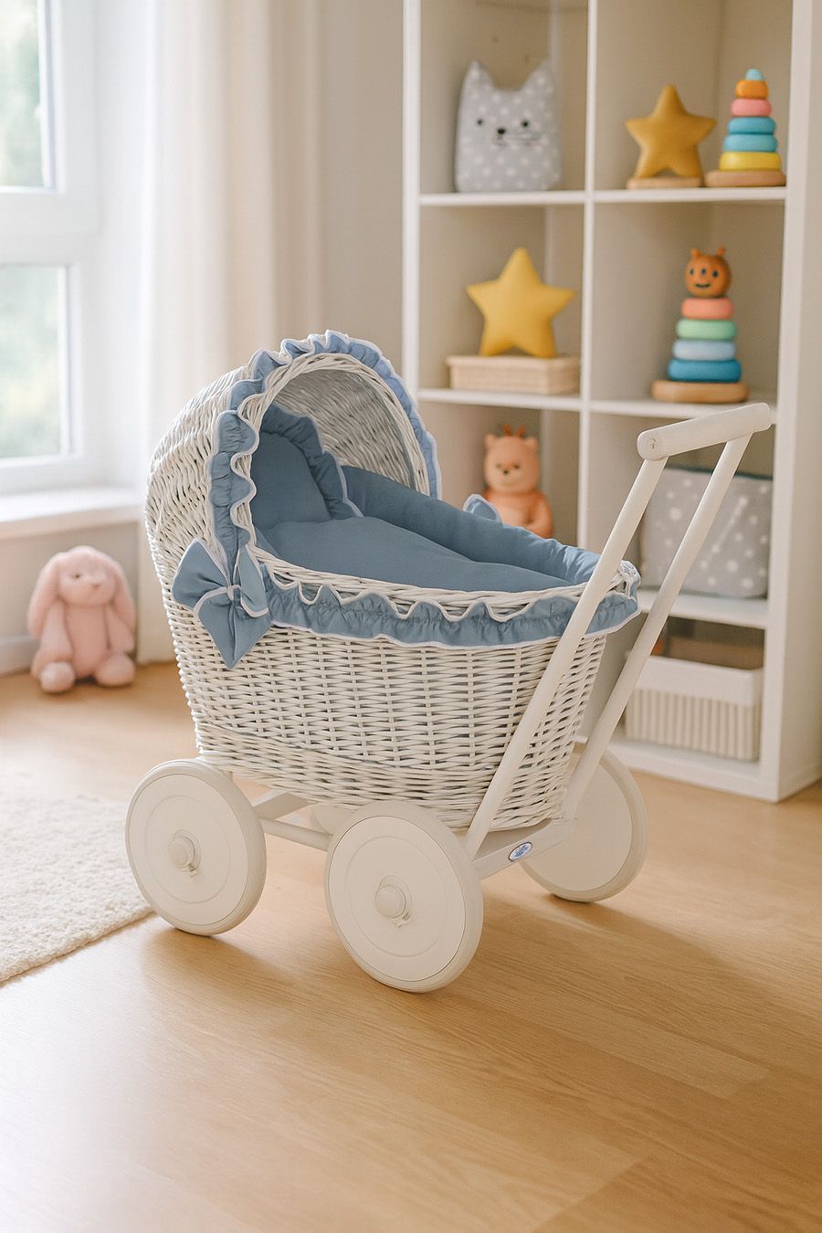Wicker doll pushchairwhite with bedding dusty blue and soft padding CHIARA