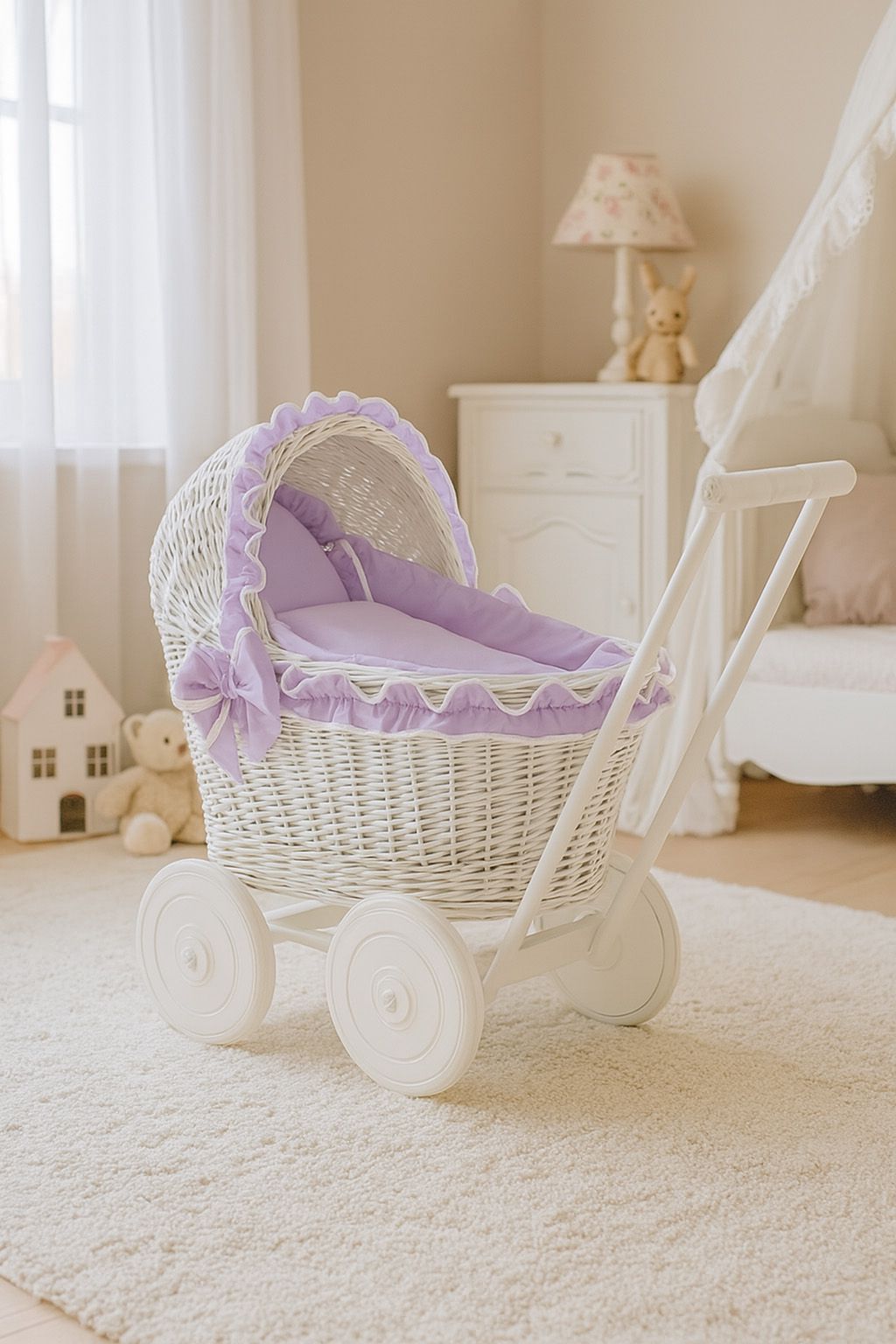 Wicker doll pushchairwhite with lila bedding and soft padding CHIARA
