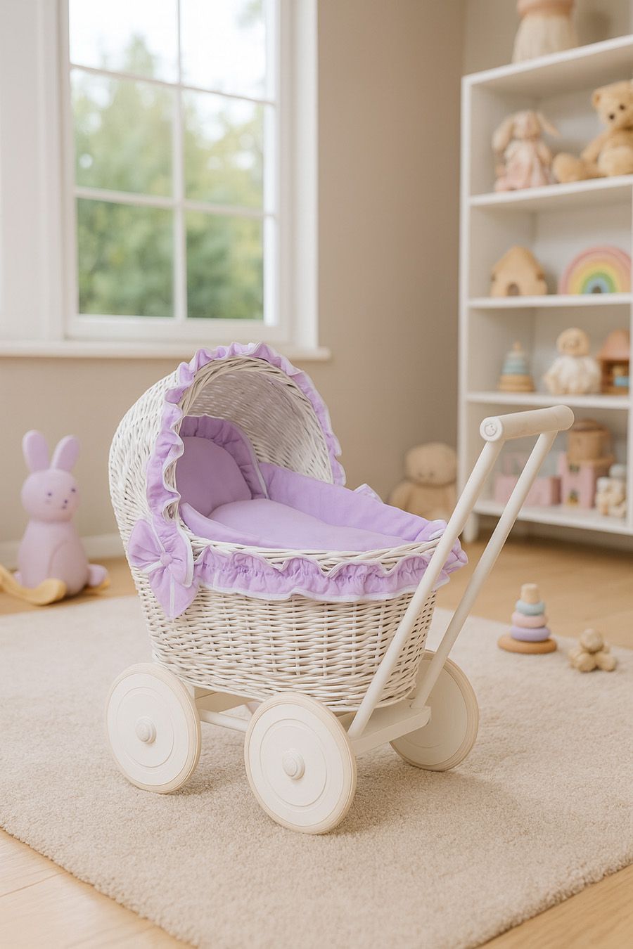 Wicker doll pushchairwhite with lila bedding and soft padding CHIARA