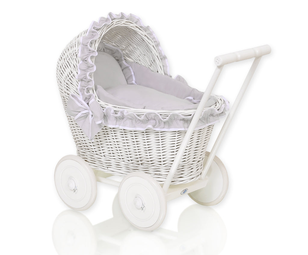 Wicker doll pushchairwhite with grey bedding and soft padding CHIARA