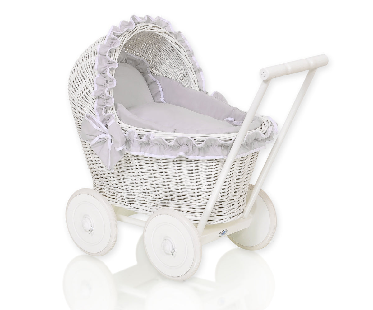 Wicker doll pushchairwhite with grey bedding and soft padding CHIARA