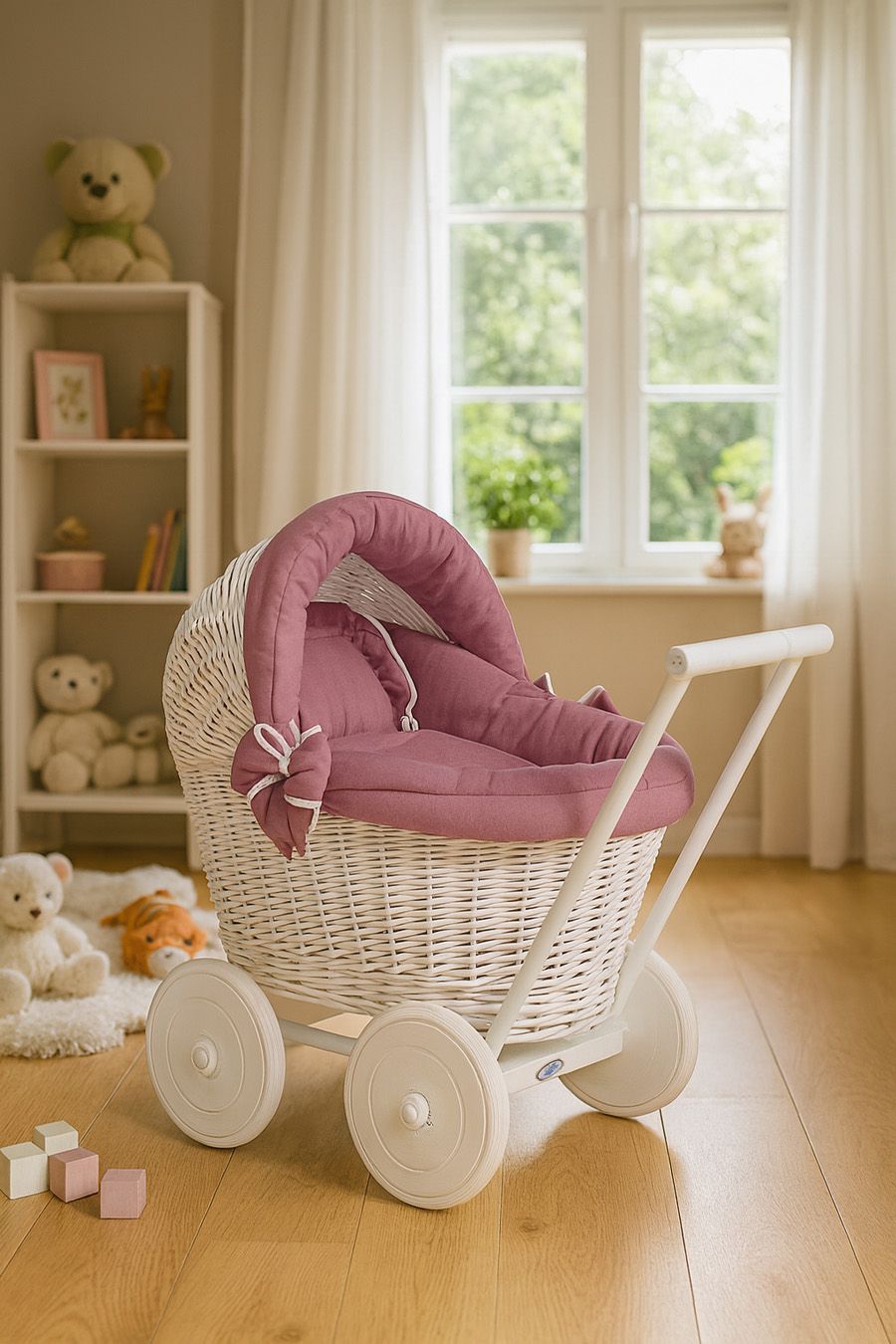 Wicker doll pushchair white with bedding dusty rose and soft padding STELLA