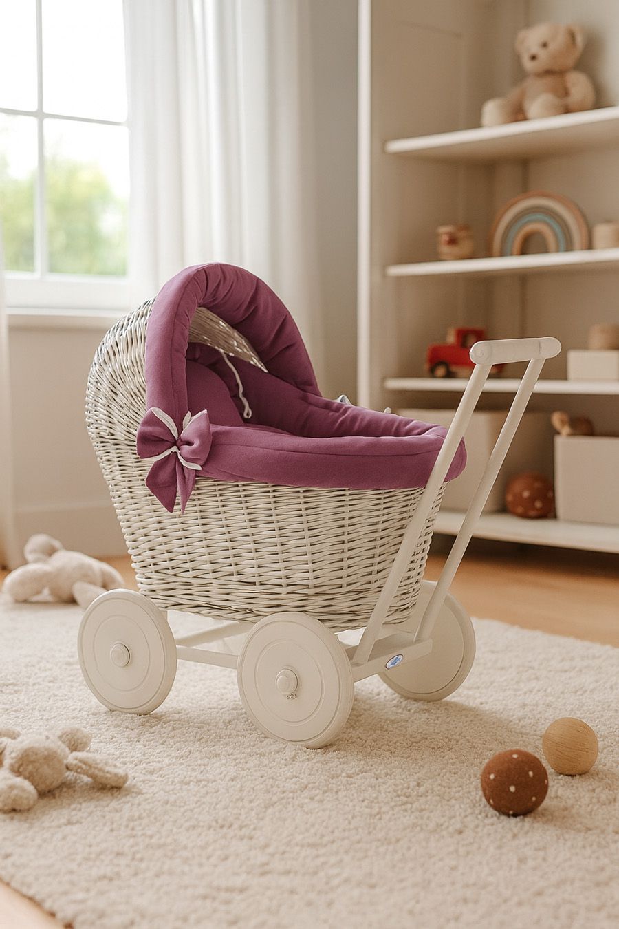 Wicker doll pushchair white with bedding dusty rose and soft padding STELLA