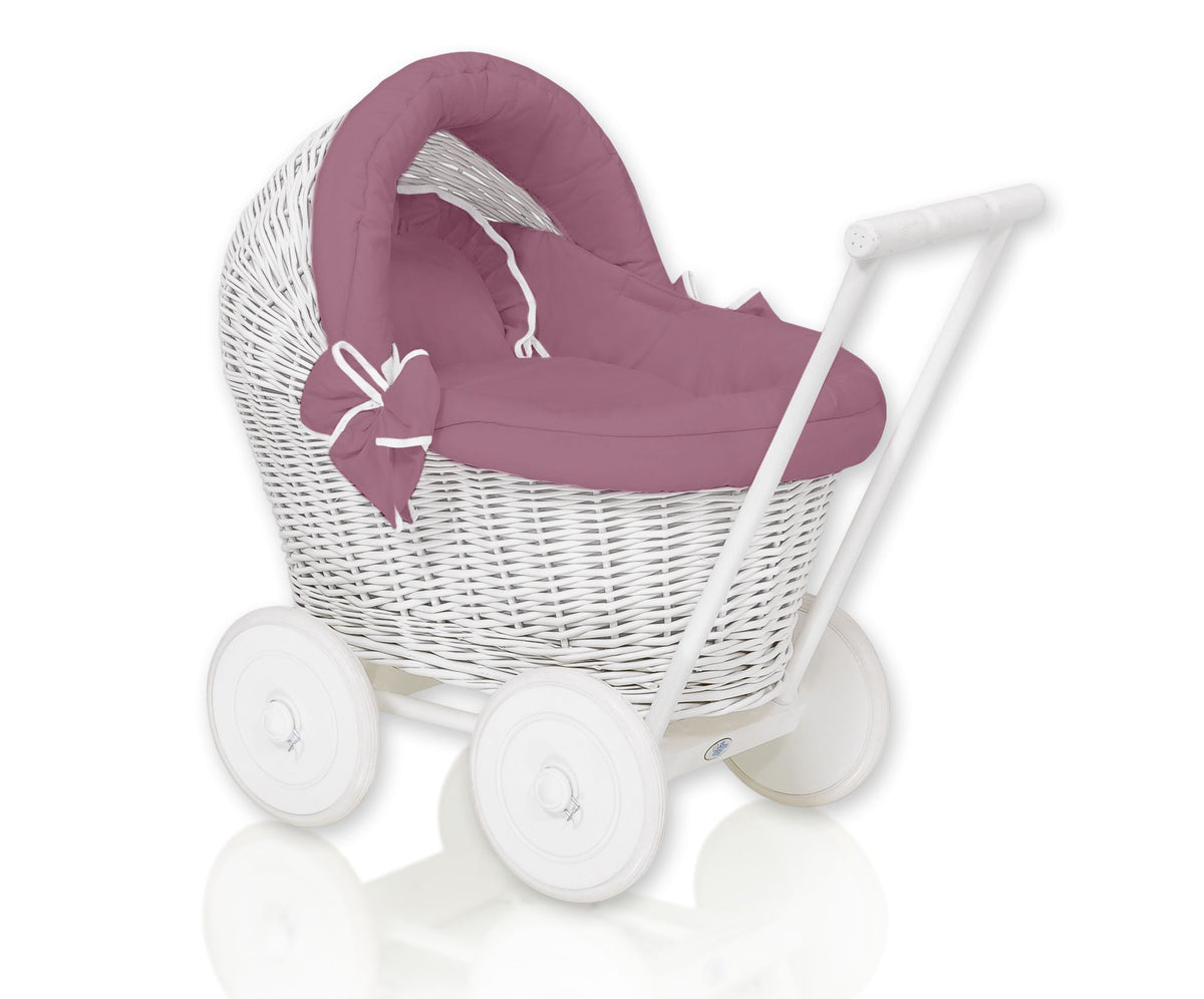 Wicker doll pushchair white with bedding dusty rose and soft padding STELLA