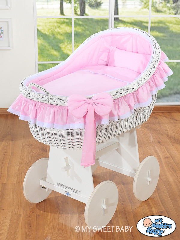 Moses Basket Wicker hood crib Carina - white + pink bedding