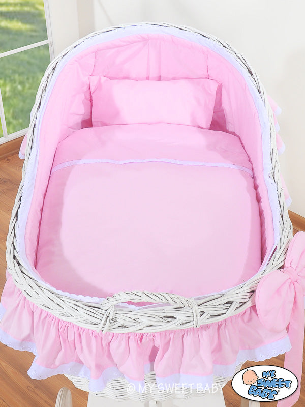 Moses Basket Wicker hood crib Carina - white + pink bedding