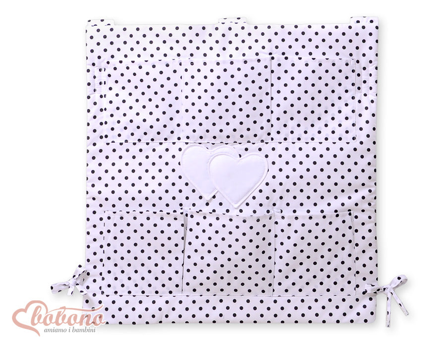 Cot tidy- Hanging hearts black dots on white