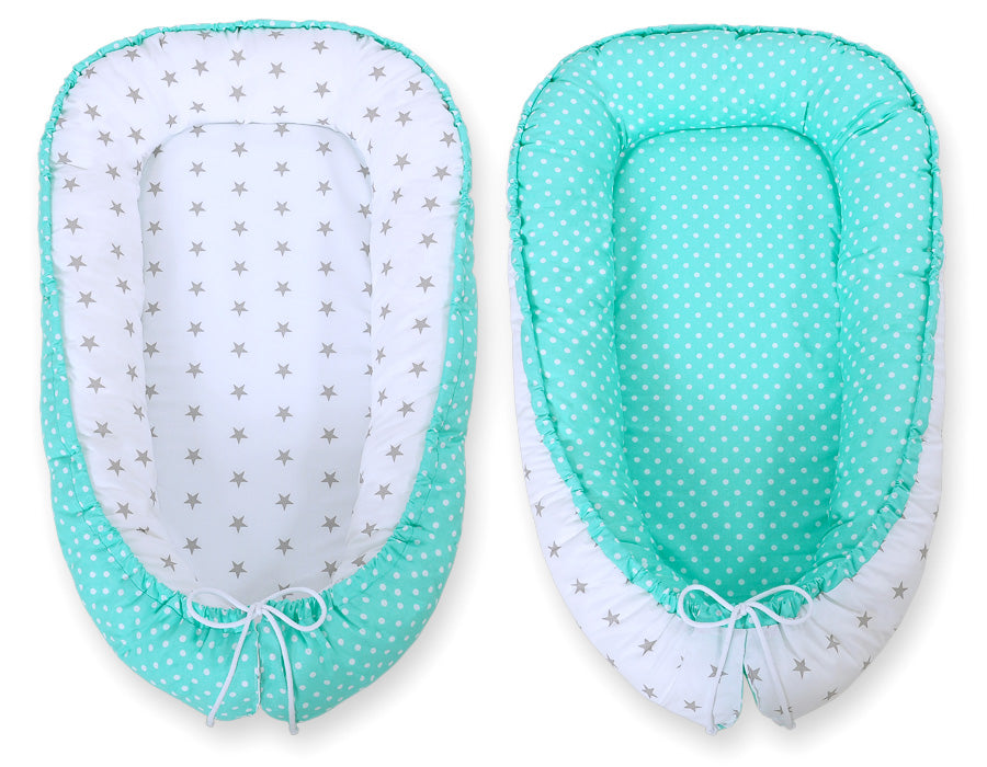 Baby nest double-sided Premium Cocoon for infants BOBONO- grey stars/ dots on mint