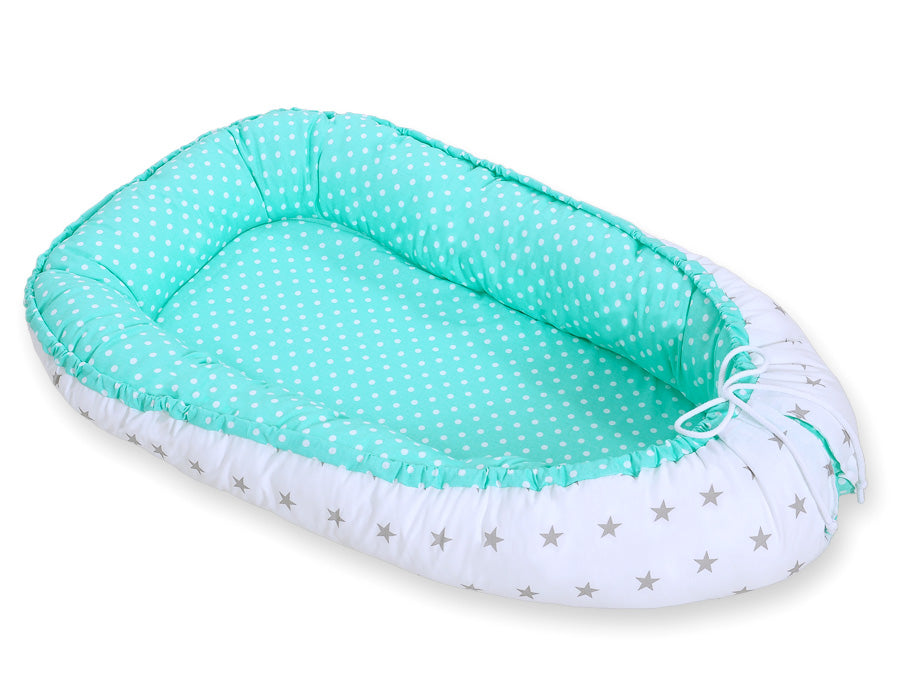 Baby nest double-sided Premium Cocoon for infants BOBONO- grey stars/ dots on mint