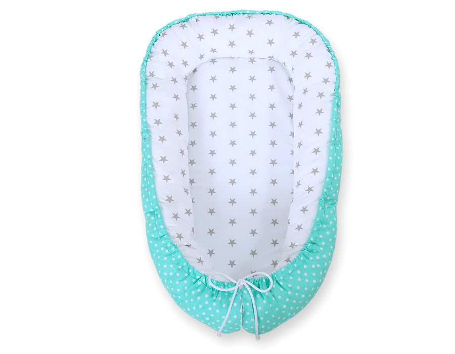 Baby nest double-sided Premium Cocoon for infants BOBONO- grey stars/ dots on mint