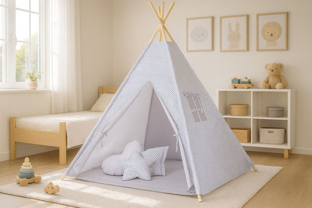 Teepee tent for kids + decorative feathers - grey rosette