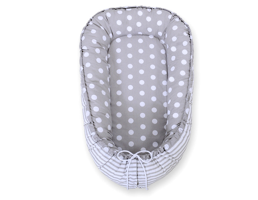 Baby nest double-sided Premium Cocoon for infants BOBONO- dots on grey/ grey strips