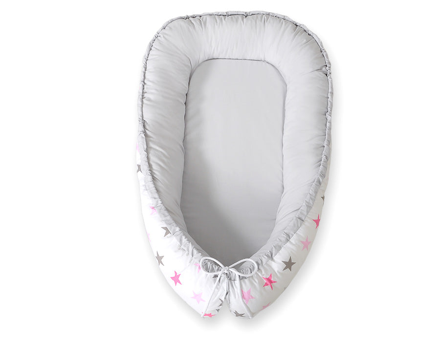 Baby nest double-sided Premium Cocoon for infants BOBONO- stars pink-grey/grey