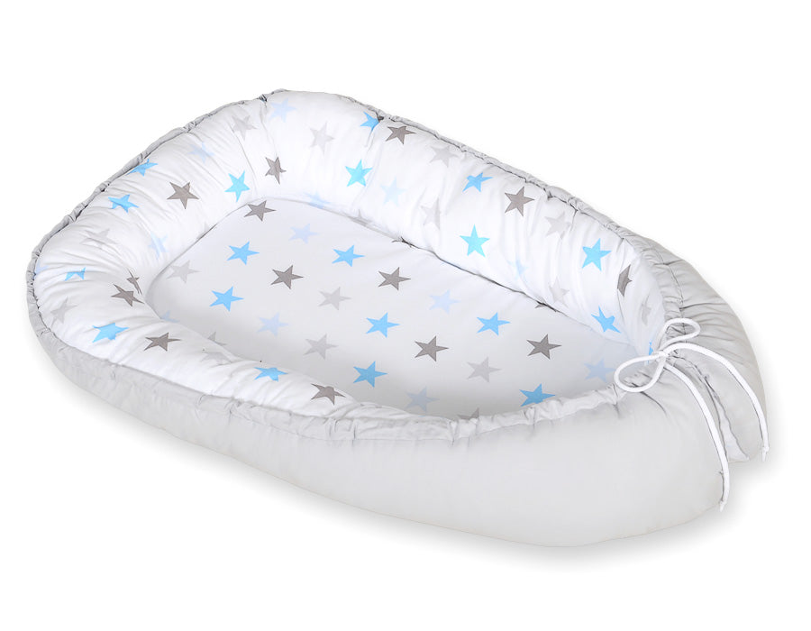 Baby nest double-sided Premium Cocoon for infants BOBONO- stars blue-grey/grey