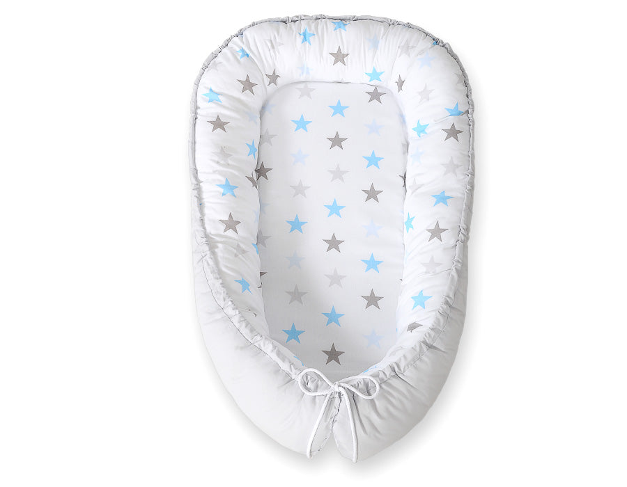 Baby nest double-sided Premium Cocoon for infants BOBONO- stars blue-grey/grey