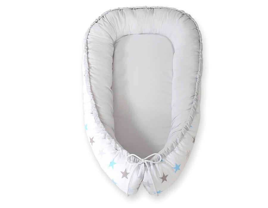 Baby nest double-sided Premium Cocoon for infants BOBONO- stars blue-grey/grey
