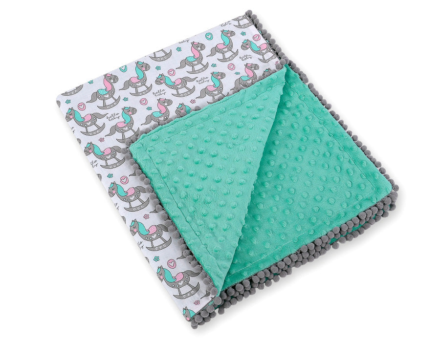 Double-sided blanket minky with pompons - rocking horses