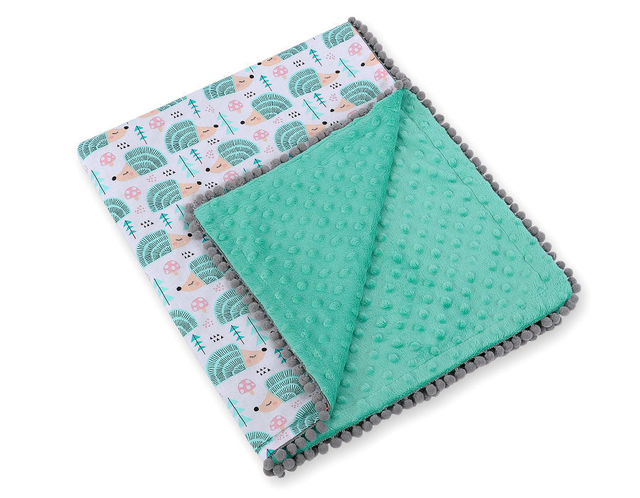 Double-sided blanket minky with pompons - hedgehogs mint