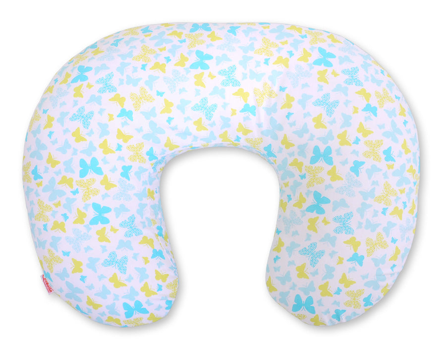Breastfeeding Pillow Nursing Croissant Pillow, removable, Hands-Free Feeding - blue butterflies