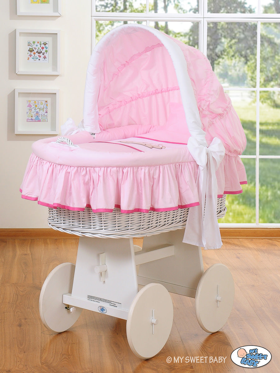 Moses Basket/Wicker crib with hood- Teddy Bear Barnaba pink