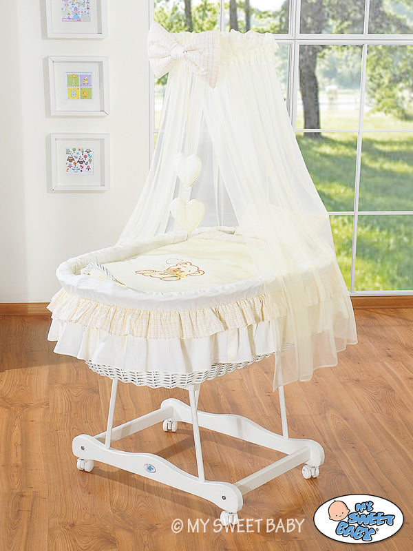 Moses Basket Wicker drape crib Bear with bow - white + white bedding
