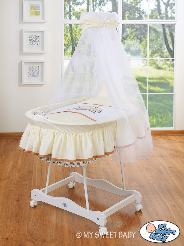 Moses Basket Wicker drape crib Barnaba Bear - white +cream bedding