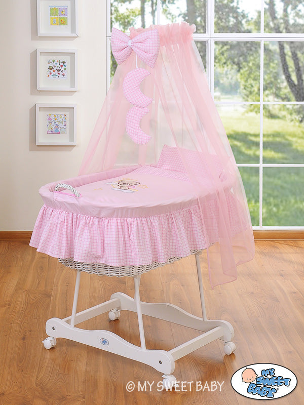 Moses Basket Wicker drape crib Good night - white + pink bedding