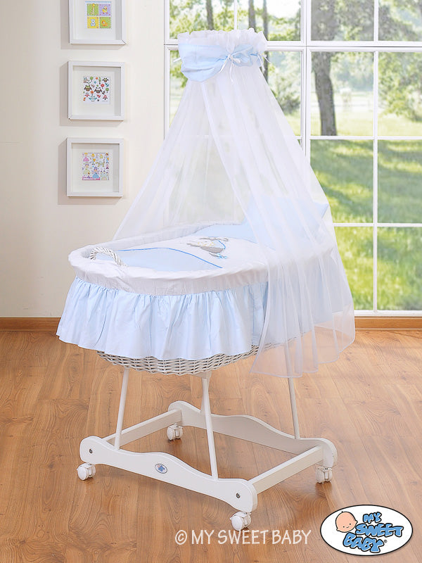 Moses Basket Wicker drape crib Donkey Luca - white + blue bedding