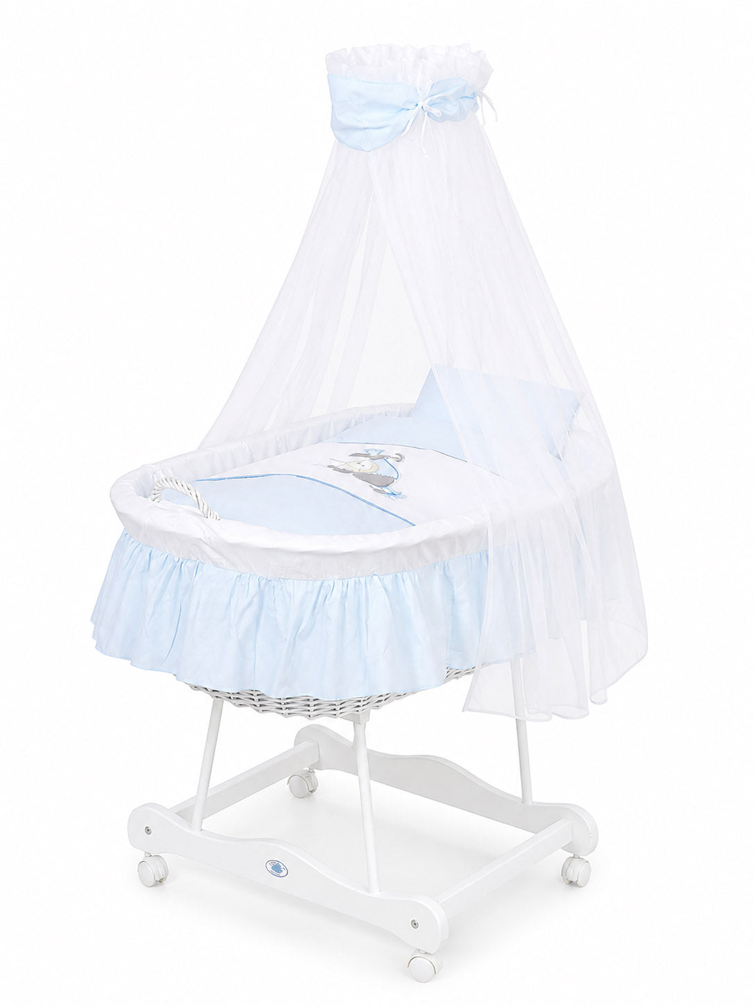 Moses Basket Wicker drape crib Donkey Luca - white + blue bedding
