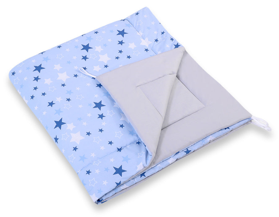 Double-sided teepee playmat with filling - blue-navy blue stars/gray