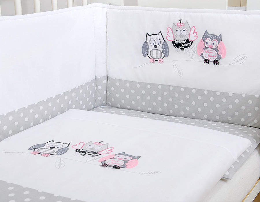 Baby bedding set 120x90 cm with bumper 3-pcs Grey Owls with grey and pink embroidery