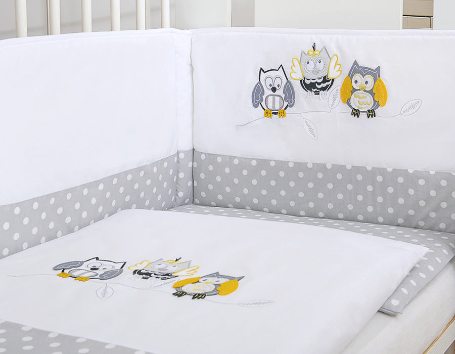Baby bedding set 120x90 cm with bumper 3-pcs Grey owls with grey and yellow embroidery