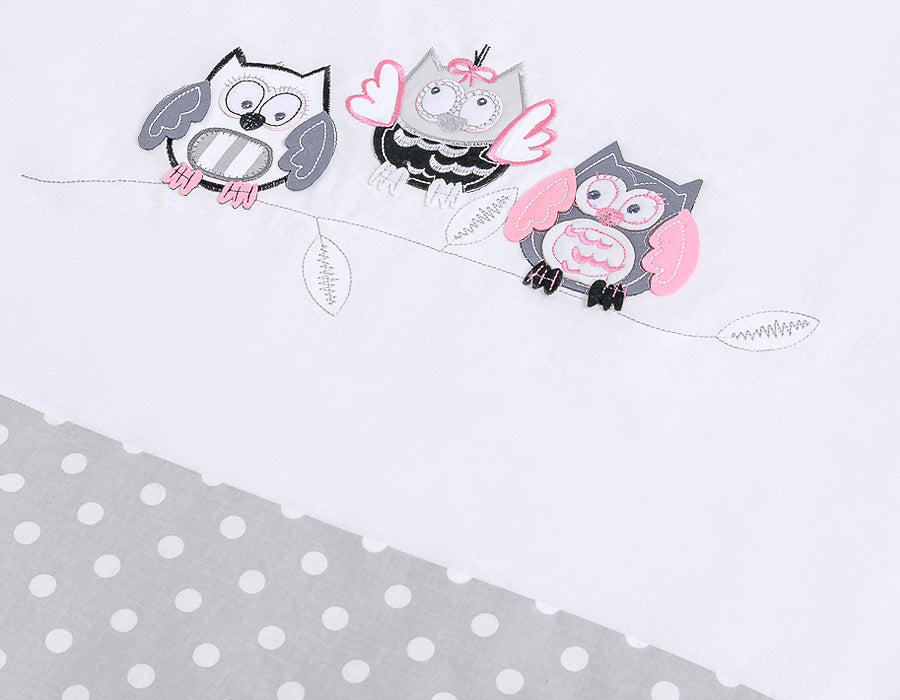 Baby bedding set 120x90 cm with bumper 3-pcs Grey Owls with grey and pink embroidery