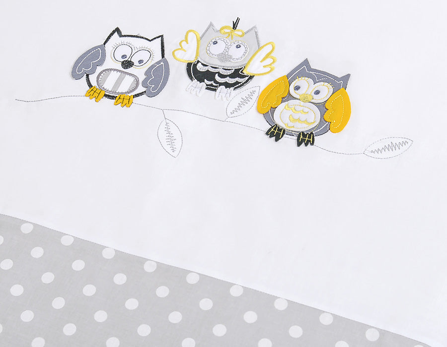 Baby bedding set 120x90 cm with bumper 3-pcs Grey owls with grey and yellow embroidery