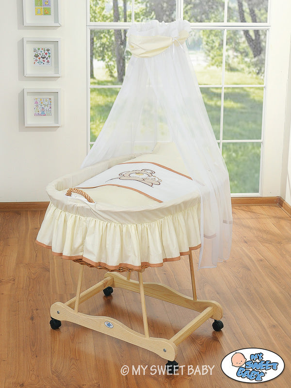 Moses Basket Wicker drape crib Teddy Bear Barnaba - natural + cream bedding